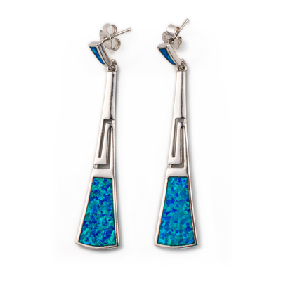 925 Z Sterling Silver Grecki Klucz Niebieski Meander Wysokiej Jakości Opal Liść Stadniny Kolczyki