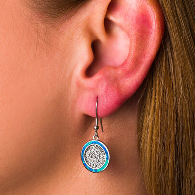 925 Z Sterling Silver Grecki Klucz Niebieski Meander Opal Phaistos Disc Dangle Kobiety Kolczyki