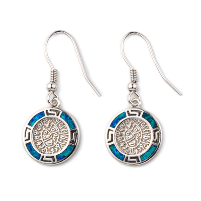 925 Z Sterling Silver Grecki Klucz Niebieski Meander Opal Phaistos Disc Dangle Kobiety Kolczyki