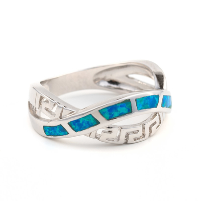 925 Z Sterling Silver Grecki Klucz Naturalny Niebieski Meander Opal Pierścień Prawdziwy Ognisty Opal Biżuteria