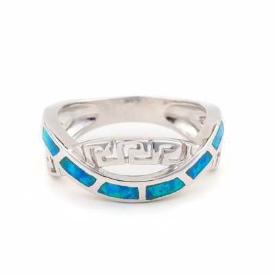925 Z Sterling Silver Grecki Klucz Naturalny Niebieski Meander Opal Pierścień Prawdziwy Ognisty Opal Biżuteria