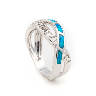 925 Z Sterling Silver Grecki Klucz Naturalny Niebieski Meander Opal Pierścień Prawdziwy Ognisty Opal Biżuteria
