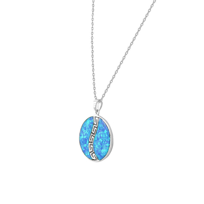 925 Sterling Silver Blue Symulowany Opal Grecki Klucz Meander Meandros Spiral Okrągły Wisiorek Naszyjnik