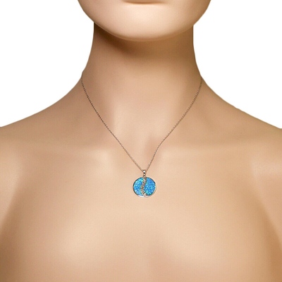 925 Sterling Silver Blue Symulowany Opal Grecki Klucz Meander Meandros Spiral Okrągły Wisiorek Naszyjnik