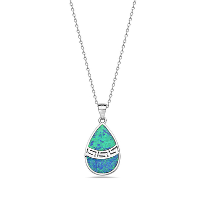 25 Sterling Silver Blue symulowany Opal grecki klucz Meander Meandros spiralny naszyjnik