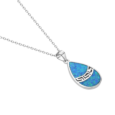 25 Sterling Silver Blue symulowany Opal grecki klucz Meander Meandros spiralny naszyjnik