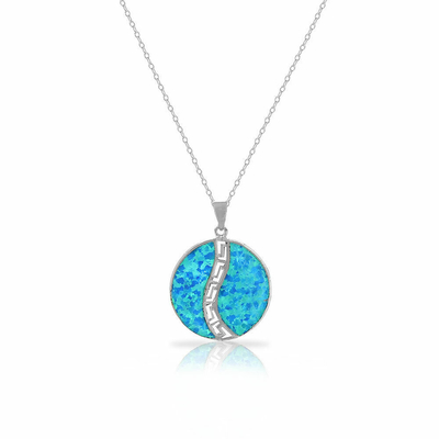 25 Sterling Silver Blue symulowany Opal grecki klucz Meander Meandros spiralny naszyjnik