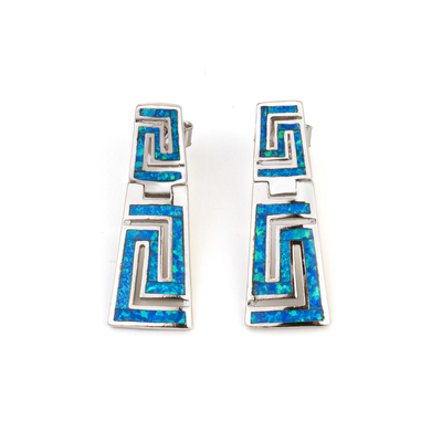 925 Z Sterling Silver Grecki Klucz Naturalny Niebieski Granat Stud Meander Opal Kolczyki Dla Kobiet