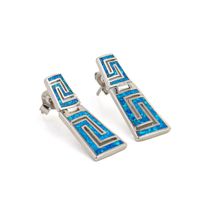 925 Z Sterling Silver Grecki Klucz Naturalny Niebieski Granat Stud Meander Opal Kolczyki Dla Kobiet