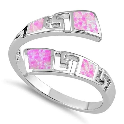 925 Z Sterling Silver Grecki Unikalny Wzór Różowy Lab Fire Opal Obrączka Dla Kobiet