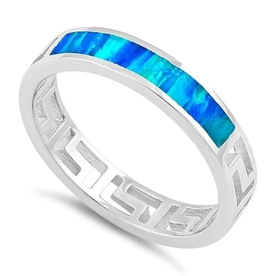 Sterling Sliver 925 Starożytny Grecki Meander Key Nowoczesna Fala Projekt Niebieski Opal Pierścień Dla Kobiet