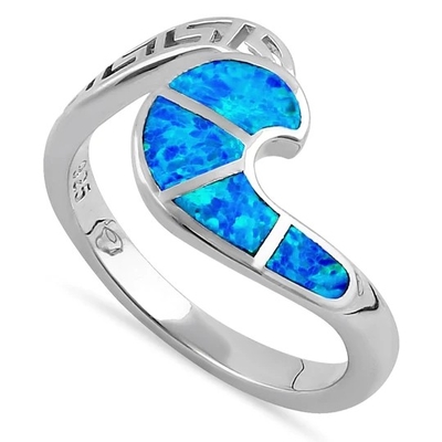 Sterling Sliver 925 Starożytny Grecki Meander Key Nowoczesna Fala Projekt Niebieski Opal Pierścień Dla Kobiet