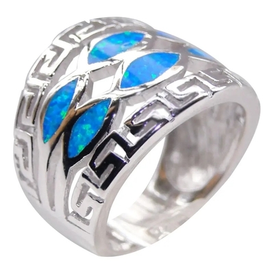 Niebieski Opal Grecki Klucz Projekt Wraparound Solid 925 Sterling Silver Ring Niebieski Opal Biżuteria Dla Mężczyzn