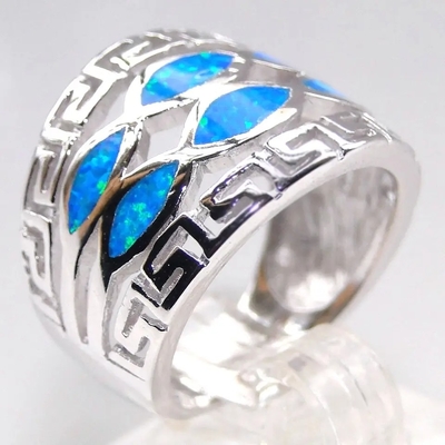 Niebieski Opal Grecki Klucz Projekt Wraparound Solid 925 Sterling Silver Ring Niebieski Opal Biżuteria Dla Mężczyzn