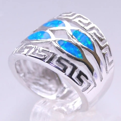 Niebieski Opal Grecki Klucz Projekt Wraparound Solid 925 Sterling Silver Ring Niebieski Opal Biżuteria Dla Mężczyzn
