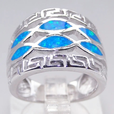 Niebieski Opal Grecki Klucz Projekt Wraparound Solid 925 Sterling Silver Ring Niebieski Opal Biżuteria Dla Mężczyzn