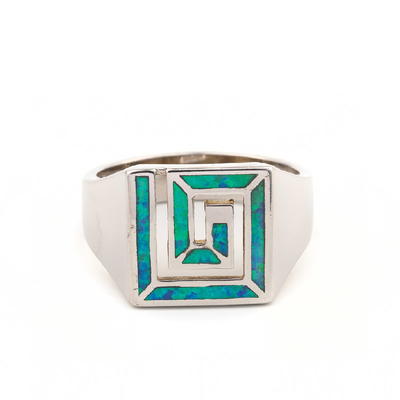 Niebieski Opal grecki klucz projekt Wraparound 925 Sterling Silver Ring Handmade Opal biżuteria dla kobiet