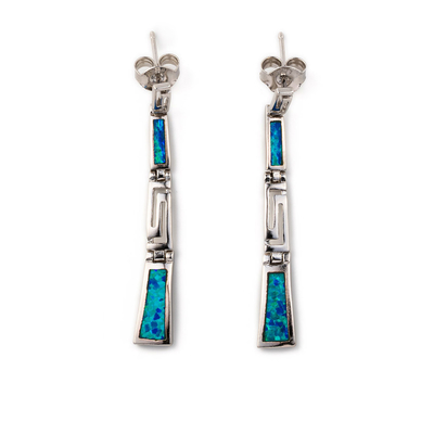 Z niebieskimi kolczykami Opal Dangle z greckim kluczem Unikalne kolczyki w stylu vintage dla kobiet