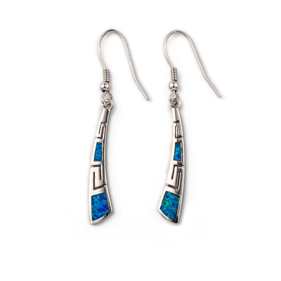 Z niebieskimi kolczykami Opal Dangle z greckim kluczem Unikalne kolczyki w stylu vintage dla kobiet