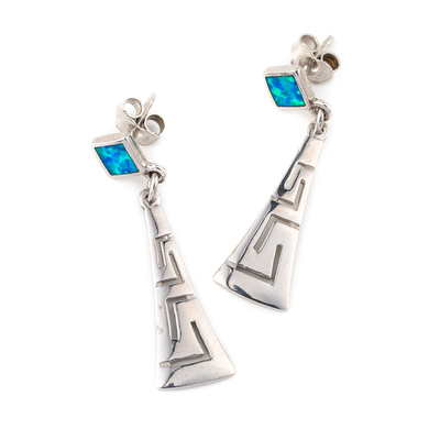 Z niebieskimi kolczykami Opal Dangle z greckim kluczem Unikalne kolczyki w stylu vintage dla kobiet