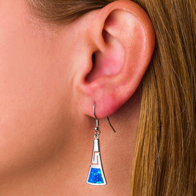925 Sterling Silver Meander Nowoczesny Design Retro Niebieski Opal Grecki Key Dangle Kolczyki Jakość Biżuteria