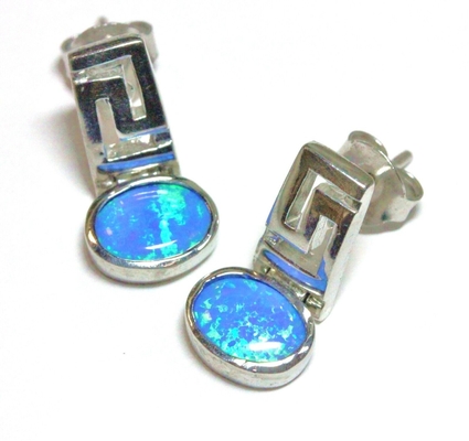 925 Sterling Silver Meander Nowoczesny Design Retro Niebieski Opal Grecki Key Dangle Kolczyki Jakość Biżuteria