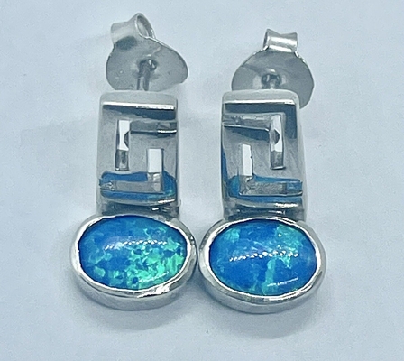 925 Sterling Silver Meander Nowoczesny Design Retro Niebieski Opal Grecki Key Dangle Kolczyki Jakość Biżuteria