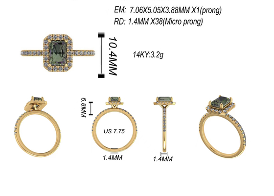 OV6X8mm 14-karatowa biżuteria z litego złota, prostokątny pierścionek zaręczynowy z diamentem o masie 1,3 karata