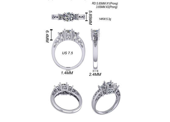 0.8ct 14k biżuteria z litego złota, ustawienie ząbków RD5.85mm diamentowy pierścionek z trzema kamieniami